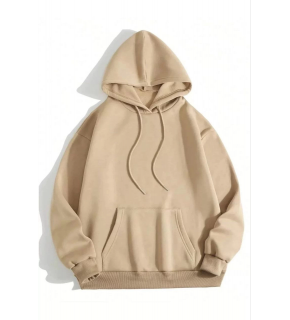 Kadın Kapüşonlu Kanguru Cepli 3 İplik Pamuklu Düz Hoodie Sweatshirt - Bej