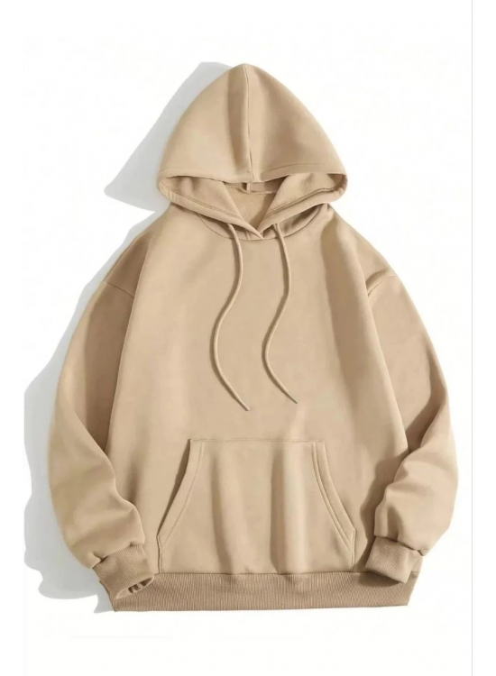 Kadın Kapüşonlu Kanguru Cepli 3 İplik Pamuklu Düz Hoodie Sweatshirt - Bej Kadın Kapüşonlu Kanguru Cepli 3 İplik Pamuklu Düz Hoodie Sweatshirt - Bej
