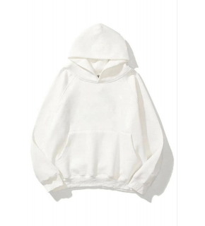 Kadın Kapüşonlu Kanguru Cepli 3 İplik Pamuklu Düz Hoodie Sweatshirt - Beyaz