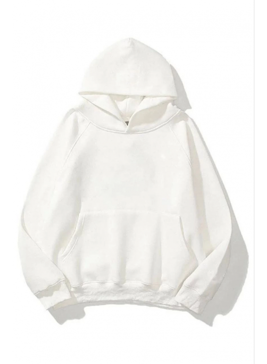Kadın Kapüşonlu Kanguru Cepli 3 İplik Pamuklu Düz Hoodie Sweatshirt - Beyaz Kadın Kapüşonlu Kanguru Cepli 3 İplik Pamuklu Düz Hoodie Sweatshirt - Beyaz