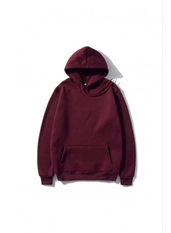 Kadın 3 İplik Pamuklu Kapüşonlu Kanguru Cepli Düz Hoodie Sweatshirt - Bordo