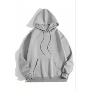 Kadın Kapüşonlu Kanguru Cepli 3 İplik Pamuklu Düz Hoodie Sweatshirt - Gri