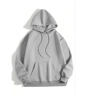 Kadın Kapüşonlu Kanguru Cepli 3 İplik Pamuklu Düz Hoodie Sweatshirt - Gri