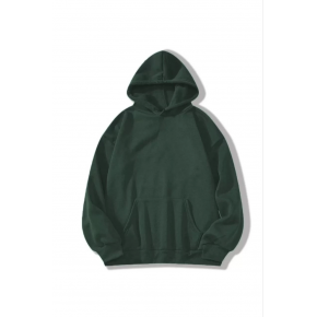 Kadın Kapüşonlu Kanguru Cepli 3 İplik Pamuklu Düz Hoodie Sweatshirt - Haki