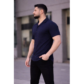 Erkek Waffle Kumaş Kısa Kollu Düğmeli Açık Yaka Regular Fit Gömlek - Lacivert
