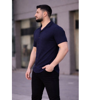 Erkek Waffle Kumaş Kısa Kollu Düğmeli Açık Yaka Regular Fit Gömlek - Lacivert
