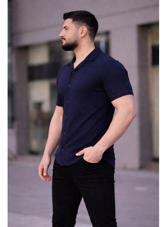 Erkek Waffle Kumaş Kısa Kollu Düğmeli Açık Yaka Regular Fit Gömlek - Lacivert Erkek Waffle Kumaş Kısa Kollu Düğmeli Açık Yaka Regular Fit Gömlek - Lacivert