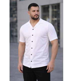Erkek Waffle Kumaş Kısa Kollu Düğmeli Açık Yaka Regular Fit Gömlek - Beyaz