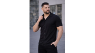 Erkek Waffle Kumaş Kısa Kollu Düğmeli Açık Yaka Regular Fit Gömlek - Siyah Erkek Waffle Kumaş Kısa Kollu Düğmeli Açık Yaka Regular Fit Gömlek - Siyah