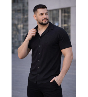 Erkek Waffle Kumaş Kısa Kollu Düğmeli Açık Yaka Regular Fit Gömlek - Siyah