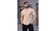 Erkek Waffle Kumaş Kısa Kollu Düğmeli Açık Yaka Regular Fit Gömlek - Bej Erkek Waffle Kumaş Kısa Kollu Düğmeli Açık Yaka Regular Fit Gömlek - Bej