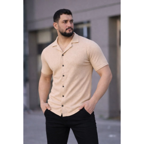 Erkek Waffle Kumaş Kısa Kollu Düğmeli Açık Yaka Regular Fit Gömlek - Bej
