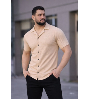 Erkek Waffle Kumaş Kısa Kollu Düğmeli Açık Yaka Regular Fit Gömlek - Bej