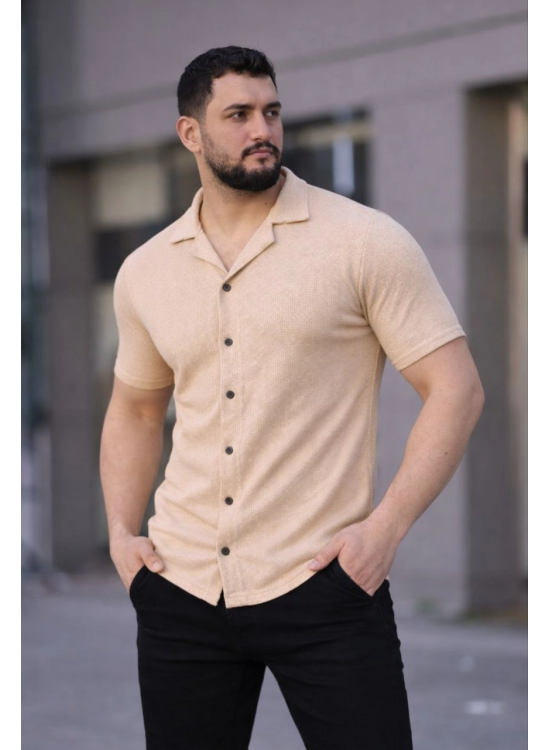 Erkek Waffle Kumaş Kısa Kollu Düğmeli Açık Yaka Regular Fit Gömlek - Bej Erkek Waffle Kumaş Kısa Kollu Düğmeli Açık Yaka Regular Fit Gömlek - Bej