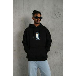 Erkek Survivor Penguin Baskılı 3 İplik Pamuklu Kapüşonlu Sweatshirt Hoodie Siyah