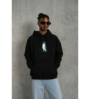 Erkek Survivor Penguin Baskılı 3 İplik Pamuklu Kapüşonlu Sweatshirt Hoodie Siyah