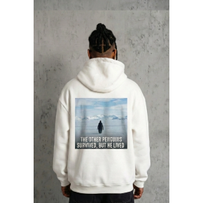 Erkek Survivor Penguin Baskılı 3 İplik Pamuklu Kapüşonlu Sweatshirt Hoodie Beyaz