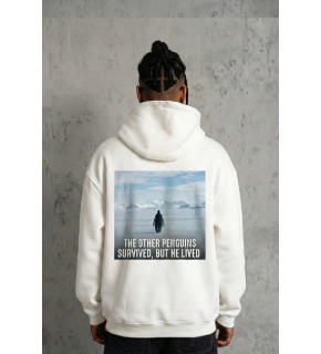 Erkek Survivor Penguin Baskılı 3 İplik Pamuklu Kapüşonlu Sweatshirt Hoodie Beyaz