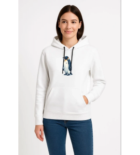 Kadın 3 İplik Pamuklu Kapüşonlu Hoodie Sweatshirt Survivor Penguen Baskılı - Beyaz