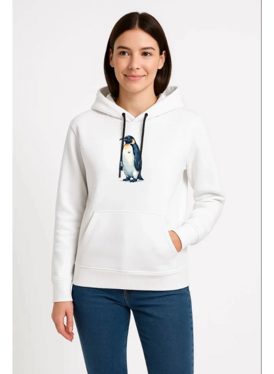 Kadın 3 İplik Pamuklu Kapüşonlu Hoodie Sweatshirt Survivor Penguen Baskılı - Beyaz