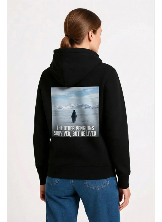 Kadın 3 İplik Pamuklu Kapüşonlu Hoodie Sweatshirt Survivor Penguen Baskılı - Siyah