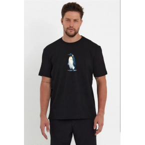 Erkek T-Shirt Penguen Baskılı Bisiklet Yaka Kısa kol yazlık Tişört - Siyah