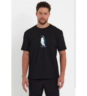 Erkek T-Shirt Penguen Baskılı Bisiklet Yaka Kısa kol yazlık Tişört - Siyah