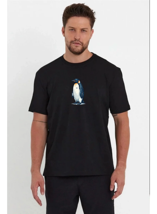Erkek T-Shirt Penguen Baskılı Bisiklet Yaka Kısa kol yazlık Tişört - Siyah Erkek T-Shirt Penguen Baskılı Bisiklet Yaka Kısa kol yazlık Tişört - Siyah