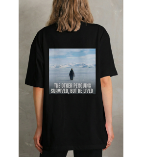 Kadın T-Shirt Penguen Baskılı Bisiklet Yaka Kısa kol yazlık Tişört - Siyah