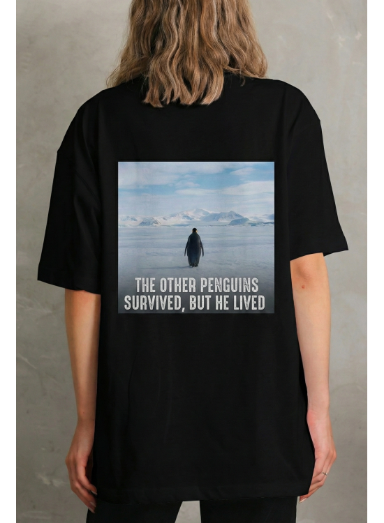 Kadın T-Shirt Penguen Baskılı Bisiklet Yaka Kısa kol yazlık Tişört - Siyah Kadın T-Shirt Penguen Baskılı Bisiklet Yaka Kısa kol yazlık Tişört - Siyah