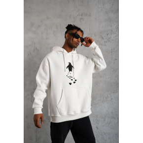 Erkek Nihilist Penguen Baskılı 3 İplik Pamuklu Kapüşonlu Sweatshirt Hoodie Beyaz