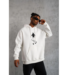 Erkek Nihilist Penguen Baskılı 3 İplik Pamuklu Kapüşonlu Sweatshirt Hoodie Beyaz