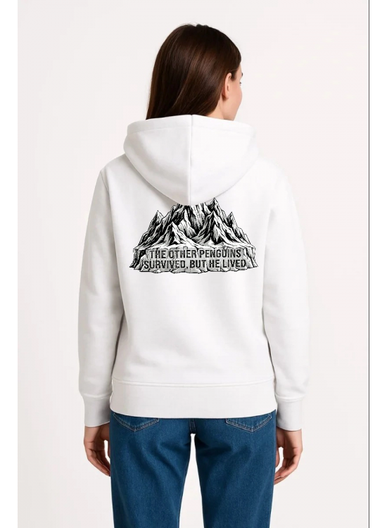 Kadın 3 İplik Pamuklu Kapüşonlu Hoodie Sweatshirt Nihilist Penguen Baskılı - Beyaz