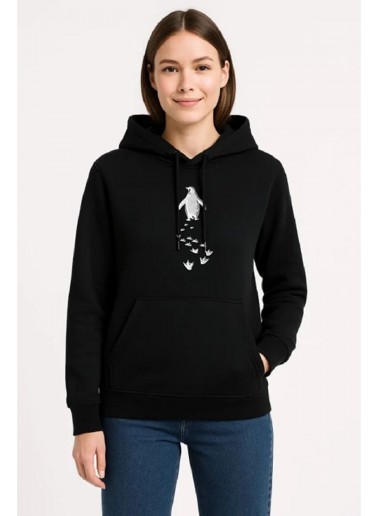 Kadın 3 İplik Pamuklu Kapüşonlu Hoodie Sweatshirt Nihilist Penguen Baskılı - Siyah