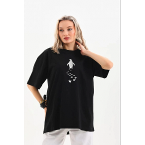 Kadın T-Shirt Penguen Baskılı Bisiklet Yaka Kısa kol yazlık Tişört - Siyah