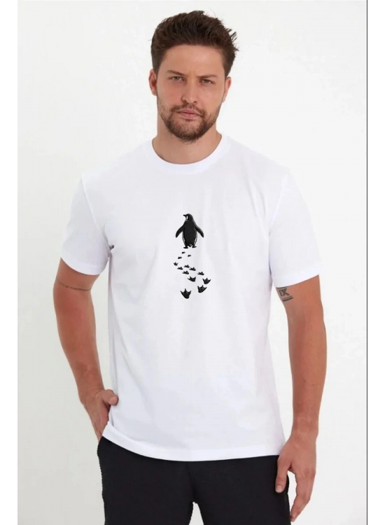 Erkek T-Shirt Nihilist Penguen Baskılı Bisiklet Yaka Kısa kol yazlık Tişört - Beyaz Erkek T-Shirt Nihilist Penguen Baskılı Bisiklet Yaka Kısa kol yazlık Tişört - Beyaz