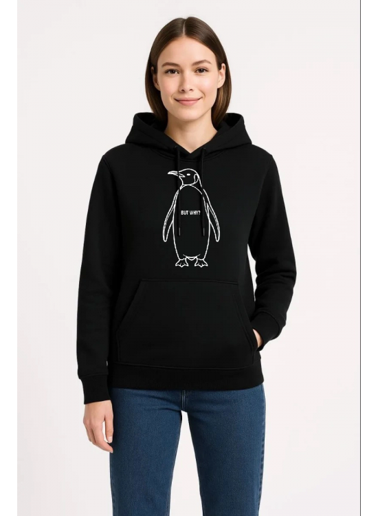 Kadın 3 İplik Pamuklu Kapüşonlu Hoodie Sweatshirt Nihilist Penguen Baskılı - Siyah