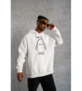 Erkek Nihilist Penguen Baskılı 3 İplik Pamuklu Kapüşonlu Sweatshirt Hoodie Beyaz
