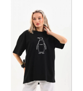 Kadın T-Shirt Nihilist Penguen Baskılı Bisiklet Yaka Kısa kol yazlık Tişört - Siyah