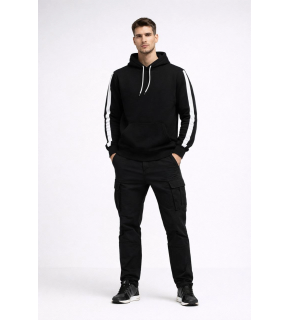 Erkek Şeritli Kapüşonlu Sweatshirt Oversize 3 iplik Pamuklu Hoodie - Siyah