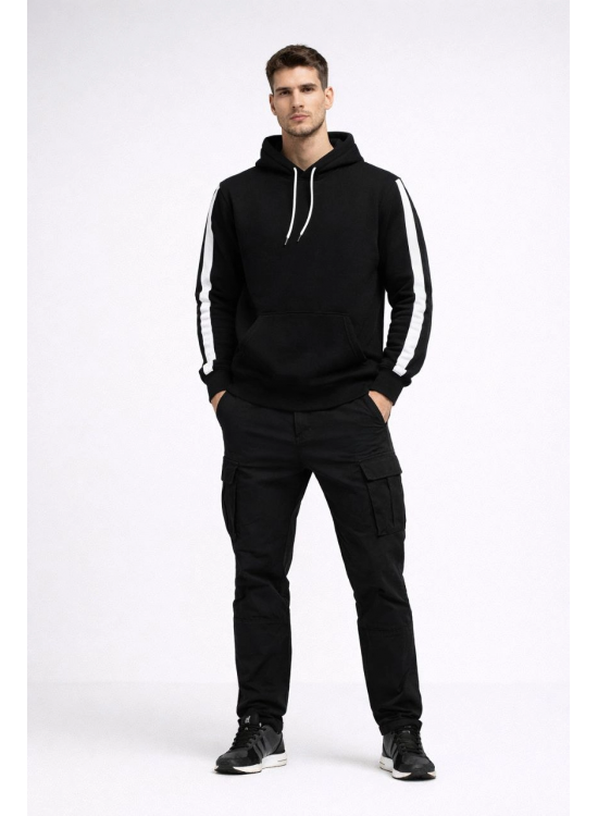 Erkek Şeritli Kapüşonlu Sweatshirt Oversize 3 iplik Pamuklu Hoodie - Siyah Erkek Şeritli Kapüşonlu Sweatshirt Oversize 3 iplik Pamuklu Hoodie - Siyah