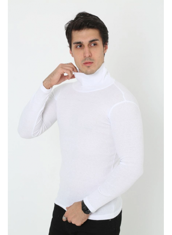 Erkek Fitilli Kaşkorse Kumaş Boğazlı Full Likralı Slimfit Body - Beyaz