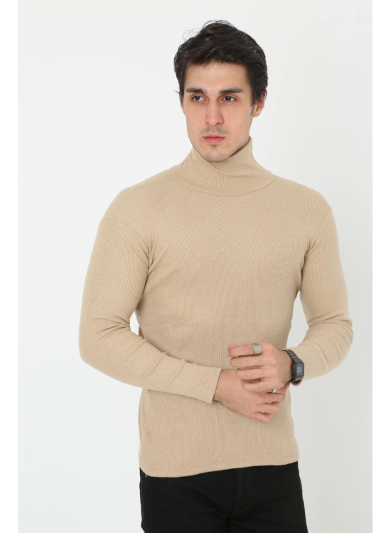 Erkek Fitilli Kaşkorse Kumaş Boğazlı Full Likralı Slimfit Body - Bej