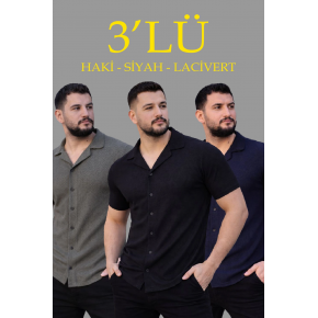 Erkek Waffle Kumaş Yakalı Kısa Kol Düğmeli Gömlek 3’lü Set Siyah-Haki-Lacivert