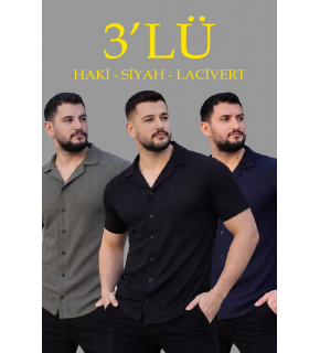Erkek Waffle Kumaş Yakalı Kısa Kol Düğmeli Gömlek 3’lü Set Siyah-Haki-Lacivert