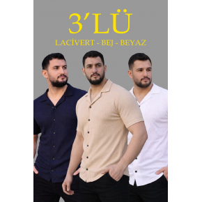 Erkek Waffle Kumaş Yakalı Kısa Kol Düğmeli Gömlek 3’lü Set Bej-Beyaz-Lacivert