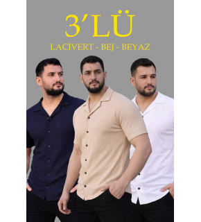 Erkek Waffle Kumaş Yakalı Kısa Kol Düğmeli Gömlek 3’lü Set Bej-Beyaz-Lacivert