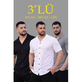 Erkek Waffle Kumaş Yazlık Yakalı Kısa Kol Düğmeli Gömlek 3’lü Set Siyah-Beyaz-Gri