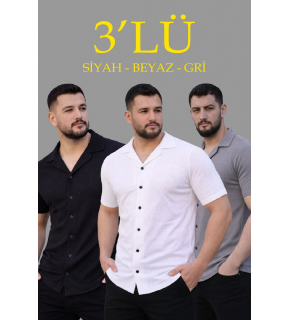 Erkek Waffle Kumaş Yazlık Yakalı Kısa Kol Düğmeli Gömlek 3’lü Set Siyah-Beyaz-Gri