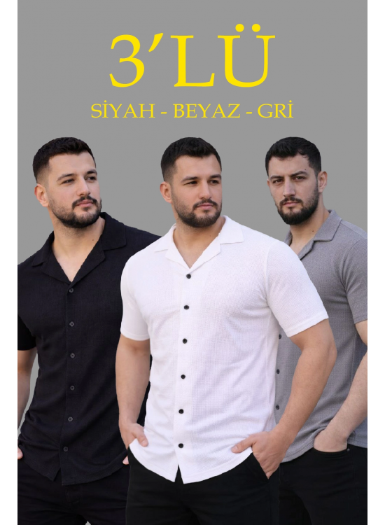 Erkek Waffle Kumaş Yazlık Yakalı Kısa Kol Düğmeli Gömlek 3’lü Set Siyah-Beyaz-Gri Erkek Waffle Kumaş Yazlık Yakalı Kısa Kol Düğmeli Gömlek 3’lü Set Siyah-Beyaz-Gri